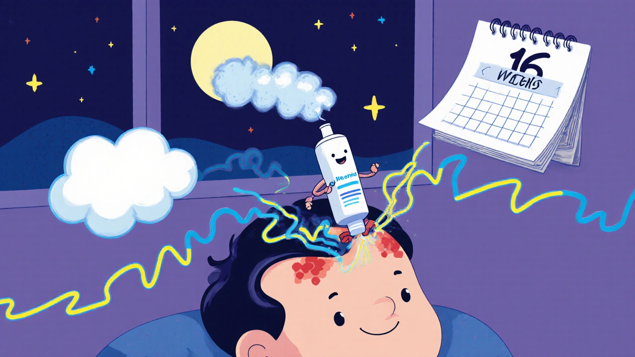 A tube of imiquimod cream applying treatment at night with glowing immune signals on a scalp.