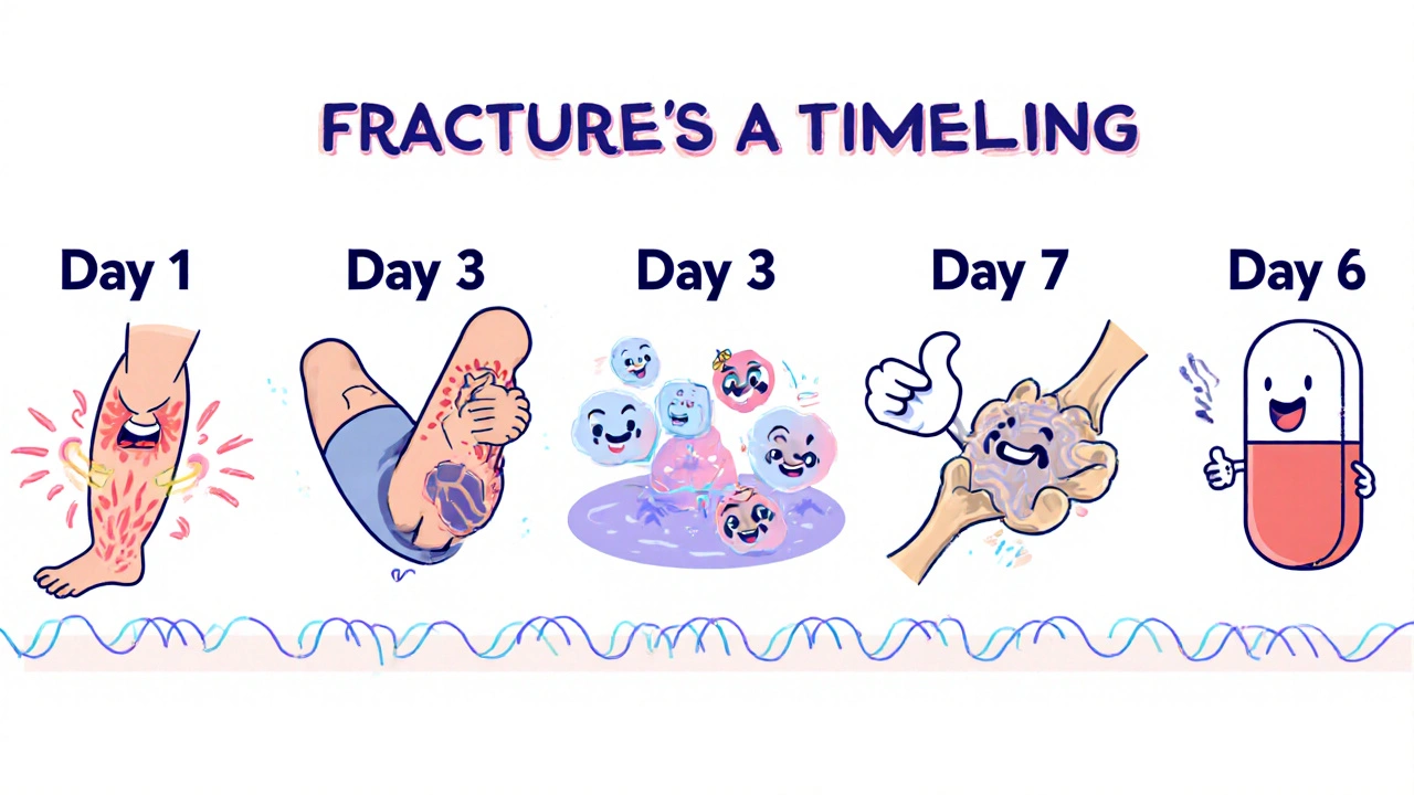 A week-long healing timeline showing a fractured leg calming down with ibuprofen, ice, and bone repair in cartoon style.
