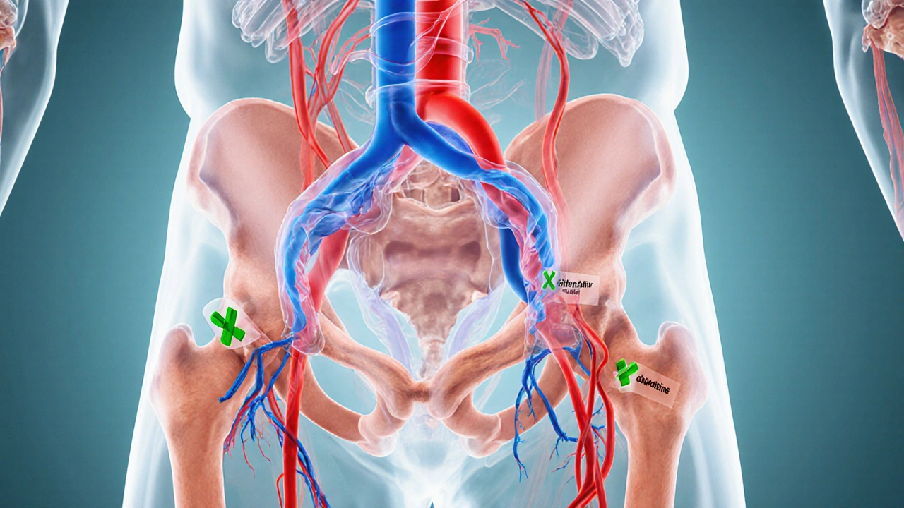 Anatomical cross‑section showing relaxed penile arteries with colored ribbons for drug actions.
