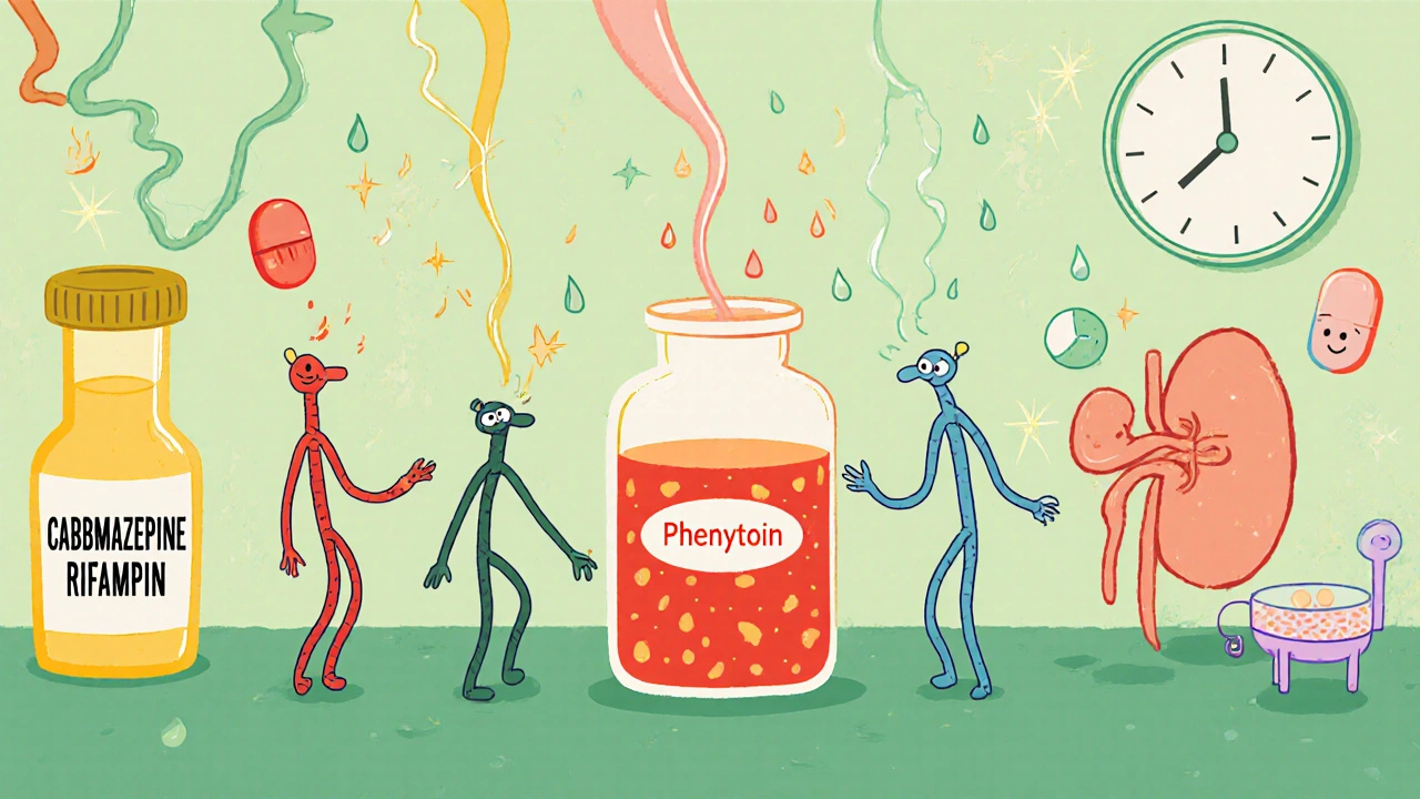 Animated lab with enzyme characters affecting phenytoin flow.