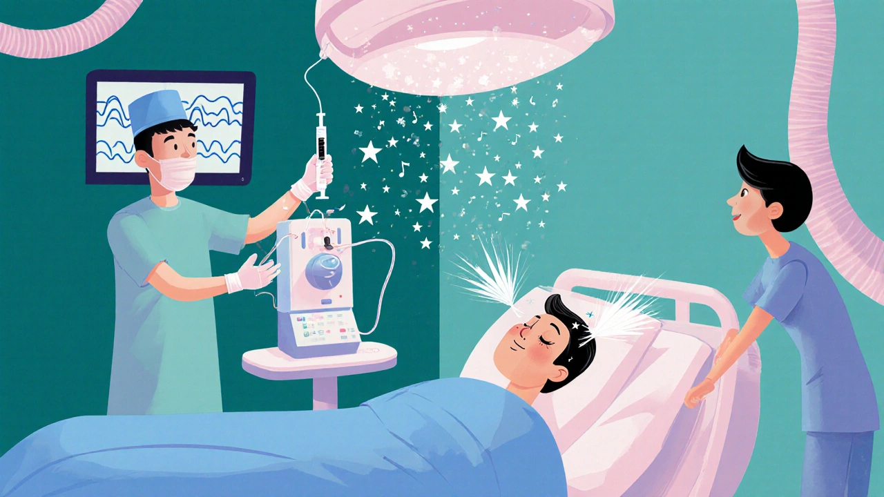 Animated operating room showing anesthesiologist, electrodes on a patient, and EEG waves.