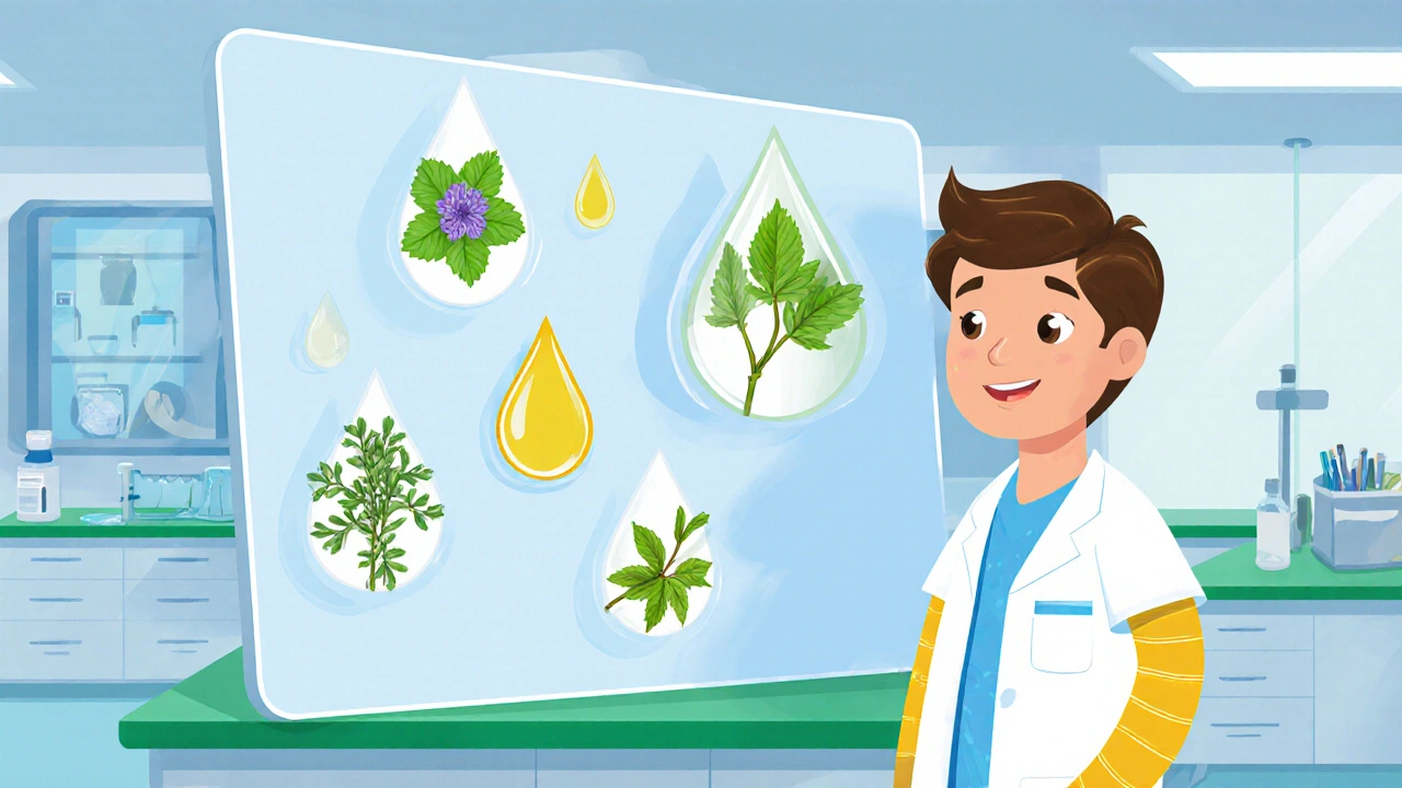 Animated researcher surrounded by floating lavender, peppermint, eucalyptus, and tea‑tree oil symbols.