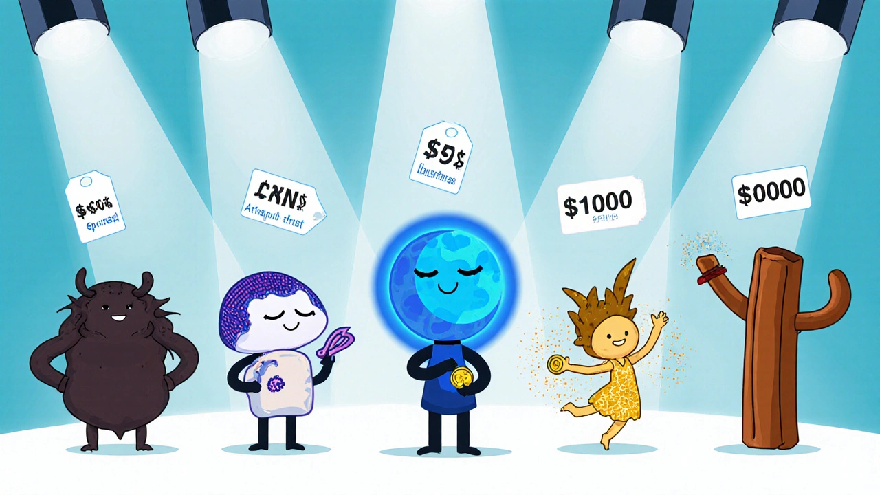 Animated stage with five character figures representing different diabetes supplements and floating price tags.