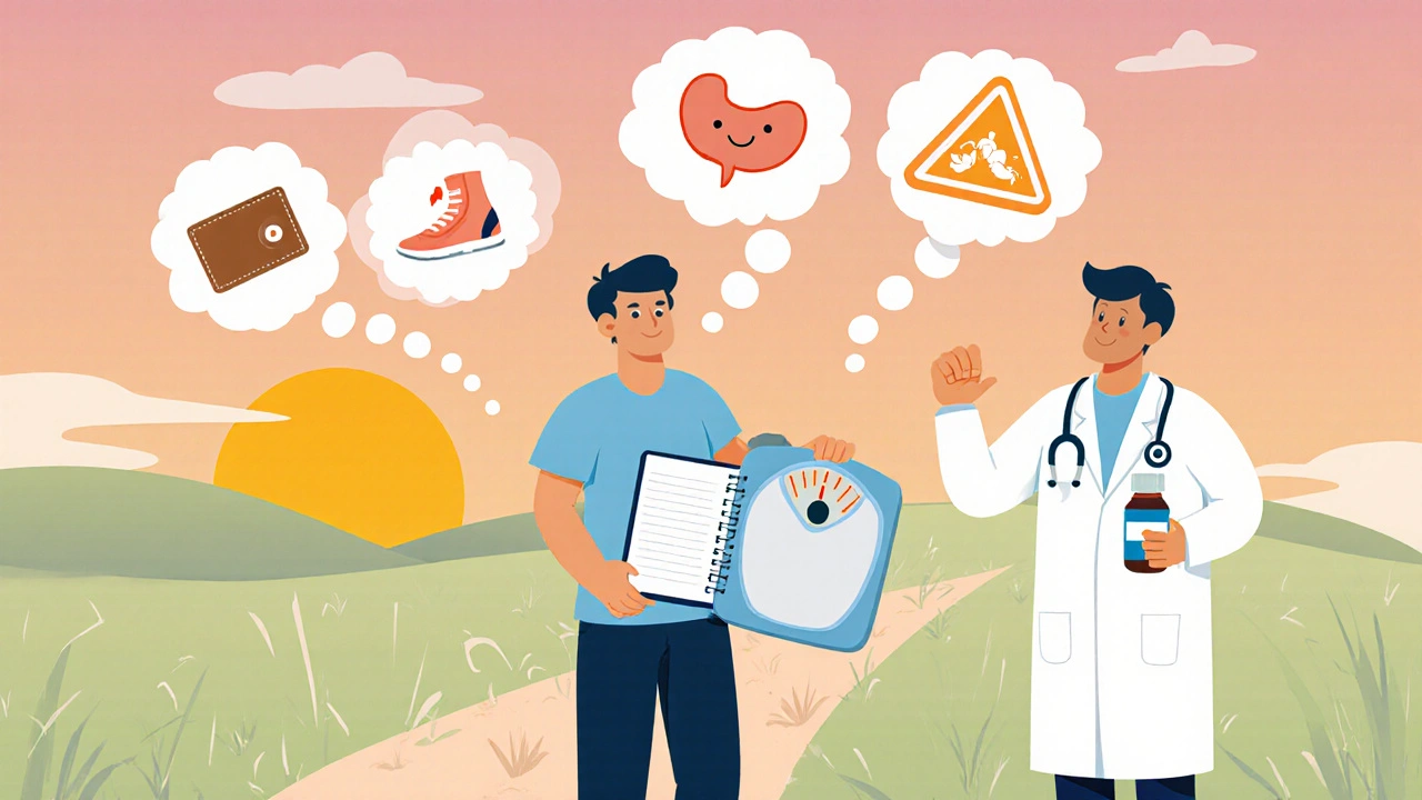 Cartoon adult weighing options on a scale with thought bubbles, aided by a friendly doctor.