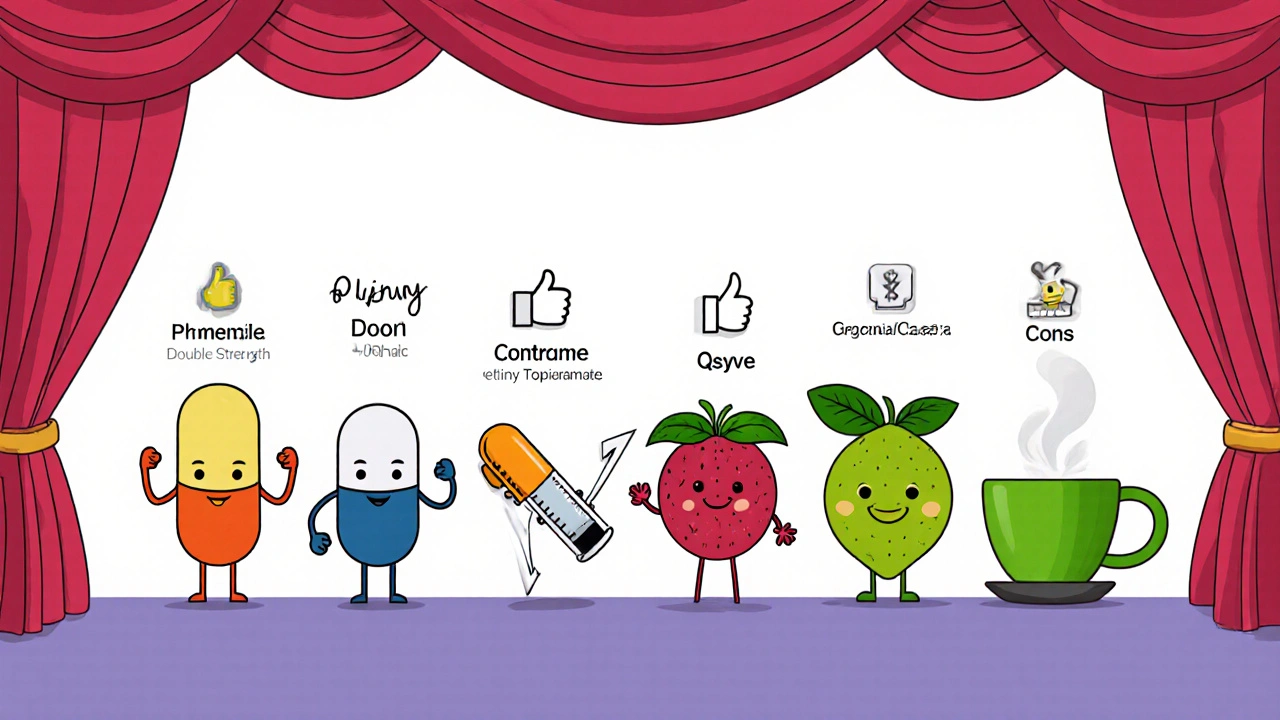 Cartoon lineup of various weight‑loss pills and supplements, each with distinct playful traits.