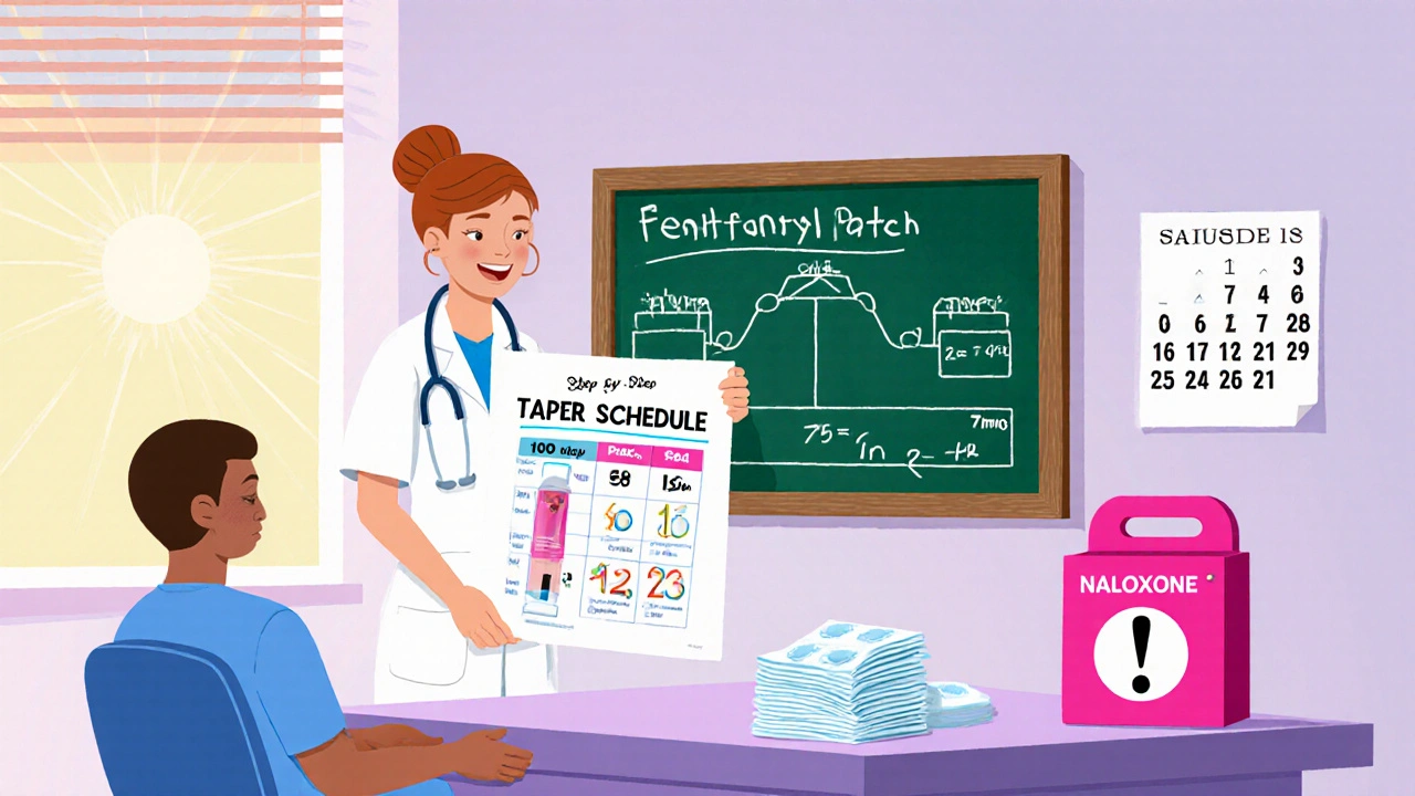 Cartoon nurse shows taper schedule, safe patch container, and naloxone kit in a clinic.
