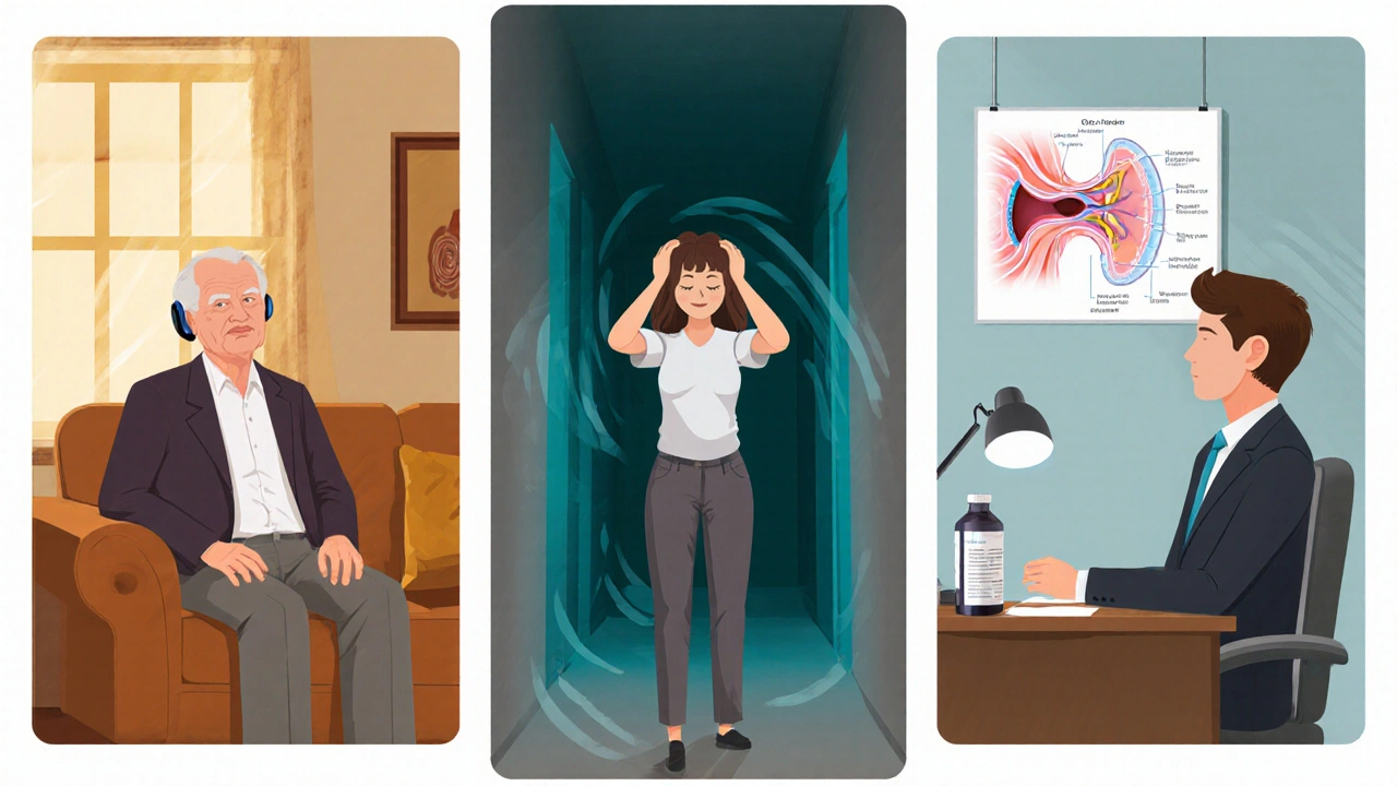 Collage of elderly man with hearing aid, woman experiencing vertigo, and doctor with medication.