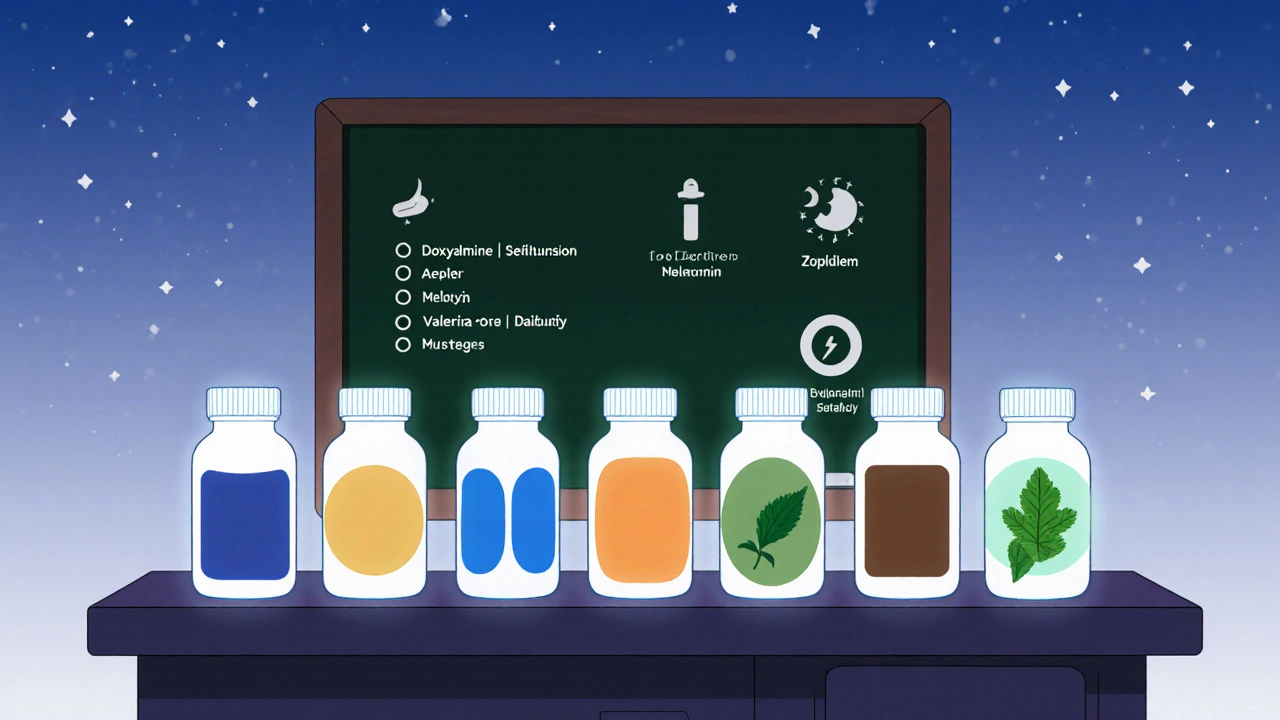 Color‑coded pill bottles for six sleep aids displayed on a bedside table.