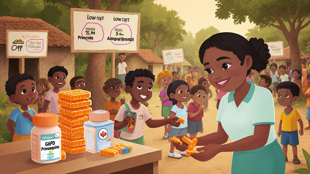 Community health fair where people receive low‑cost Primaquine tablets and G6PD testing.