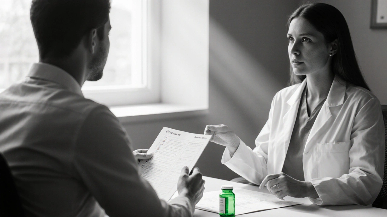 Doctor and patient discussing medication at a desk with a green‑accented pill bottle and checklist.