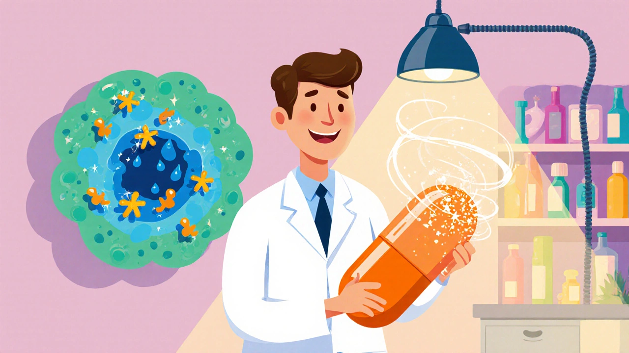 Doctor holding a large orange itraconazole capsule with a cartoon fungal cell membrane breaking apart behind him.