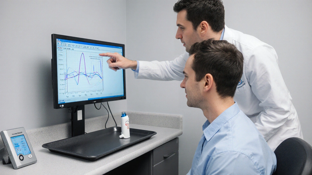 Doctor reviewing spirometry results with patient, peak flow meter and inhaler on the table.
