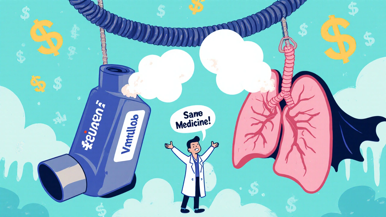 Generic and branded inhalers shooting identical puffs into a lung, price tags floating nearby