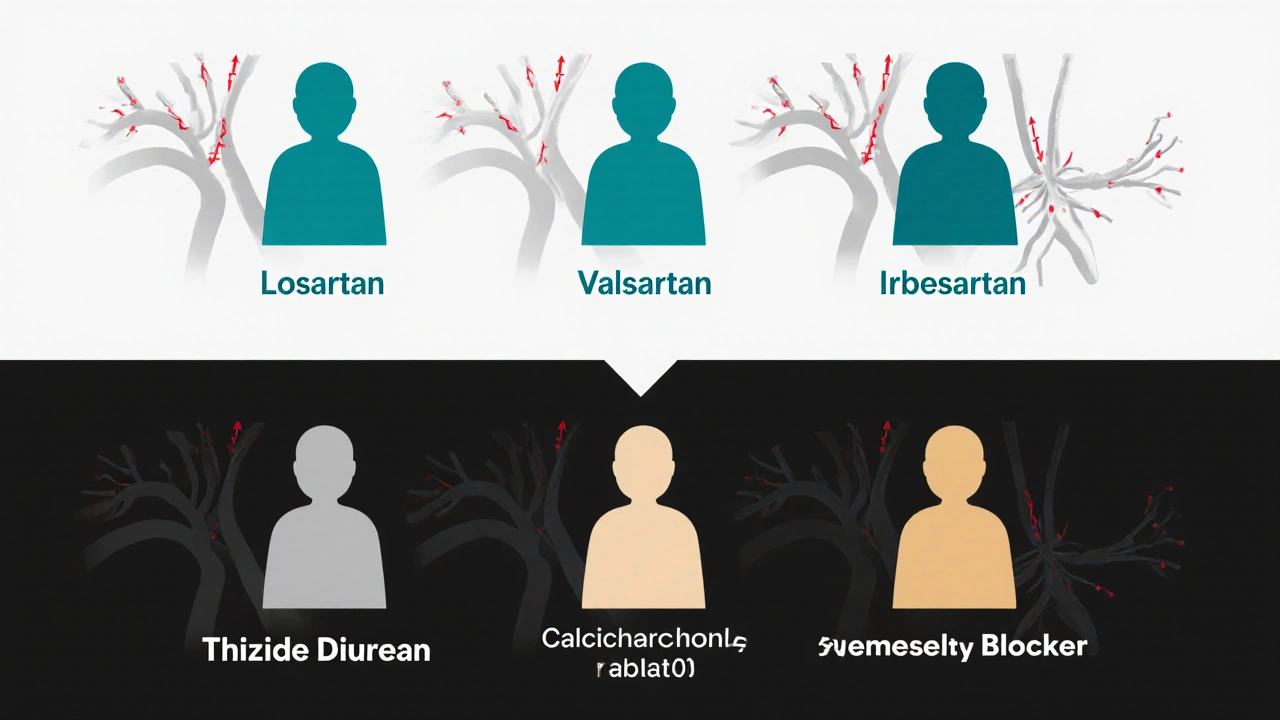 Grid of medication icons showing ARBs in teal, diuretic in gray, calcium‑channel blocker in amber over a faint vascular diagram.