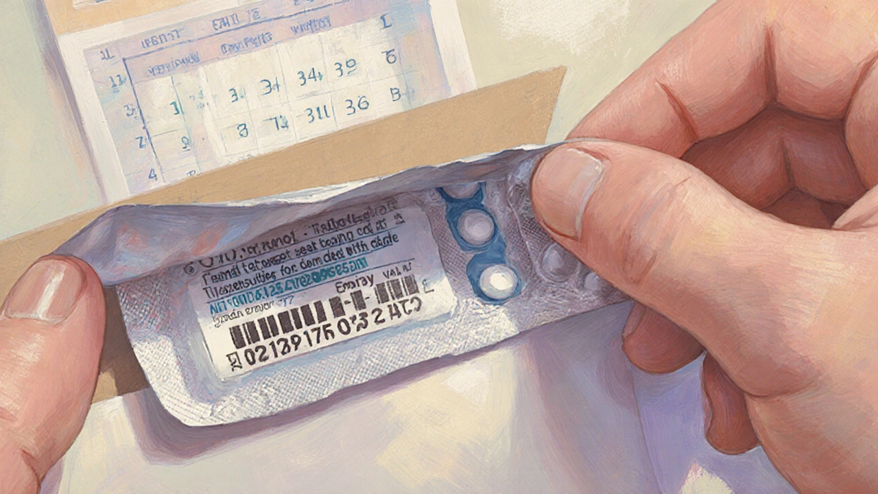 Hand opening a sealed package, revealing a blister pack of tablets with expiry date.