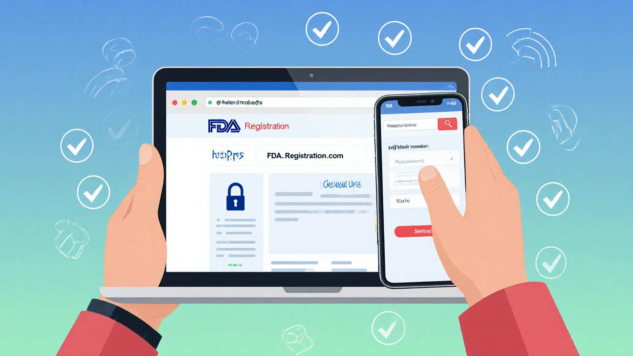 Hands holding laptop and phone showing secure pharmacy website with FDA registration and padlock icons.