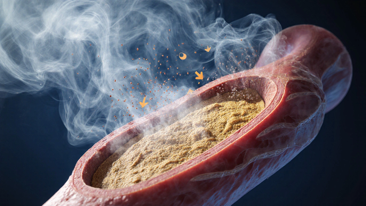 Illustration of coronary artery plaque worsened by smog particles.