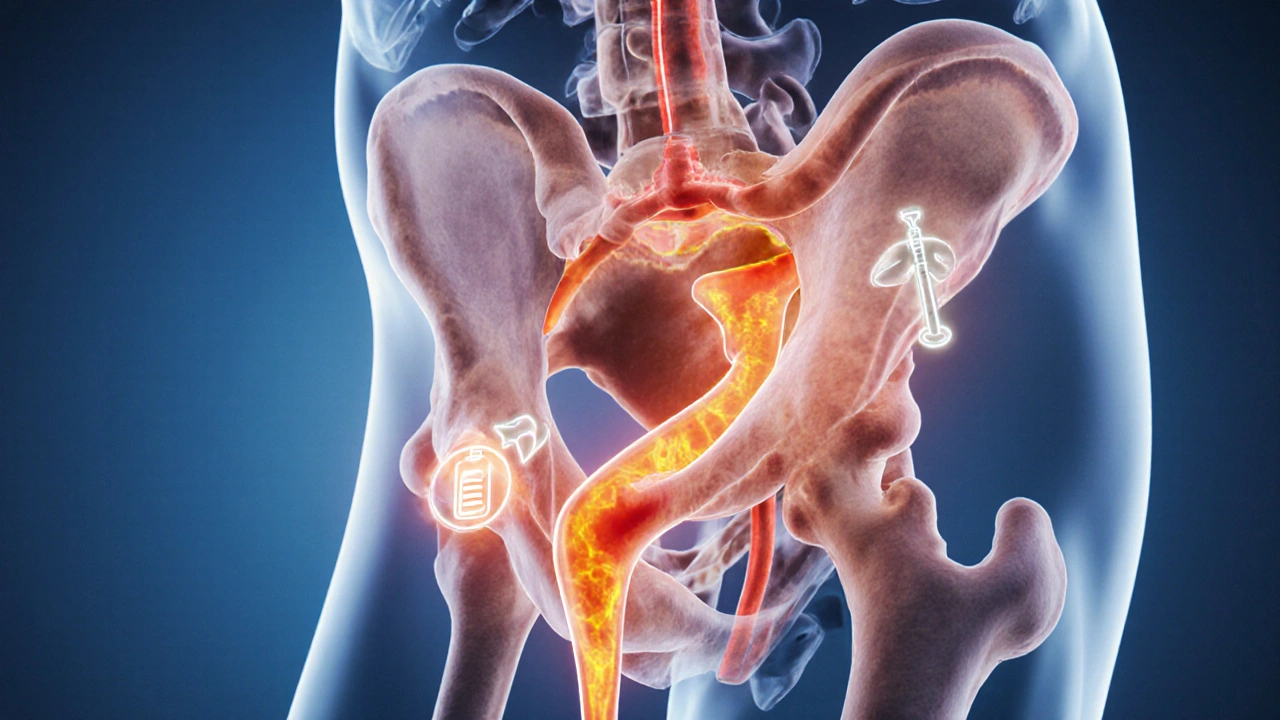 Illustration of urinary tract with orange urine showing phenazopyridine&#039;s local effect.