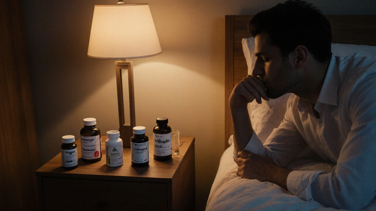 Man in bedroom contemplating various pill bottles, with Cenforce‑D highlighted in warm light.