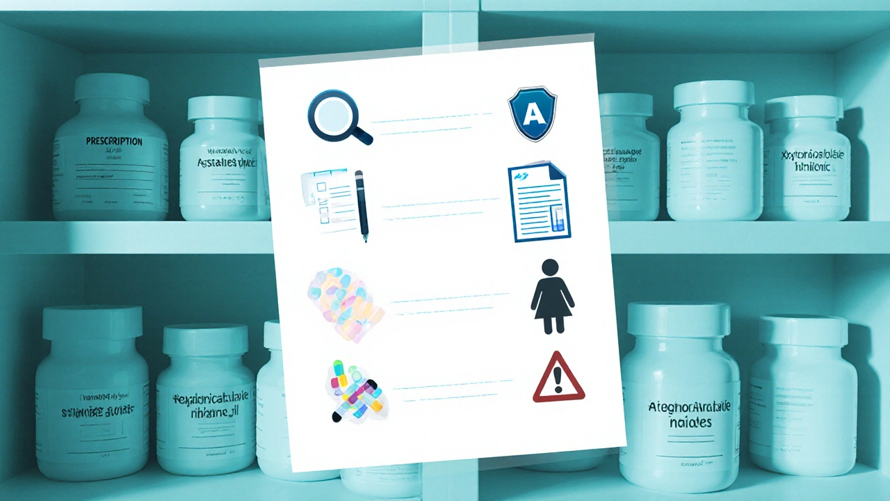 Medical cabinet with checklist icons for license, prescription, contact, liver test, and pregnancy safety.
