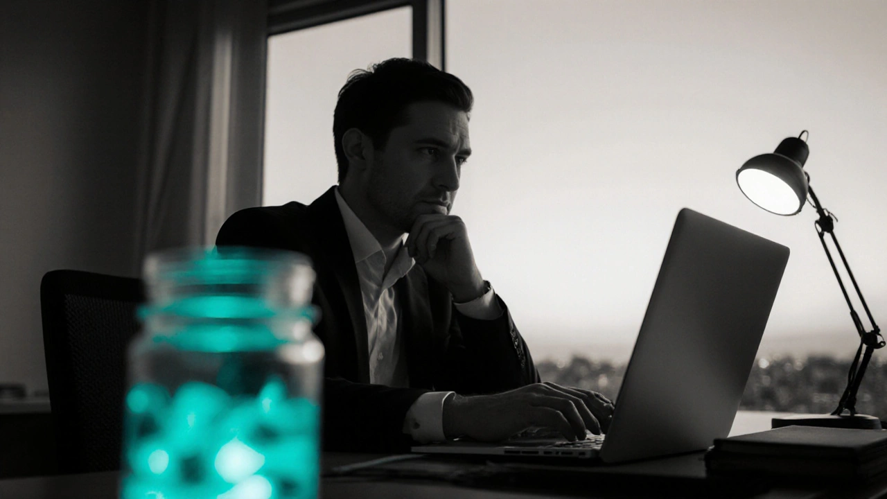 Office worker at a desk with a glowing sulbutiamine bottle, illustrating calm focus.