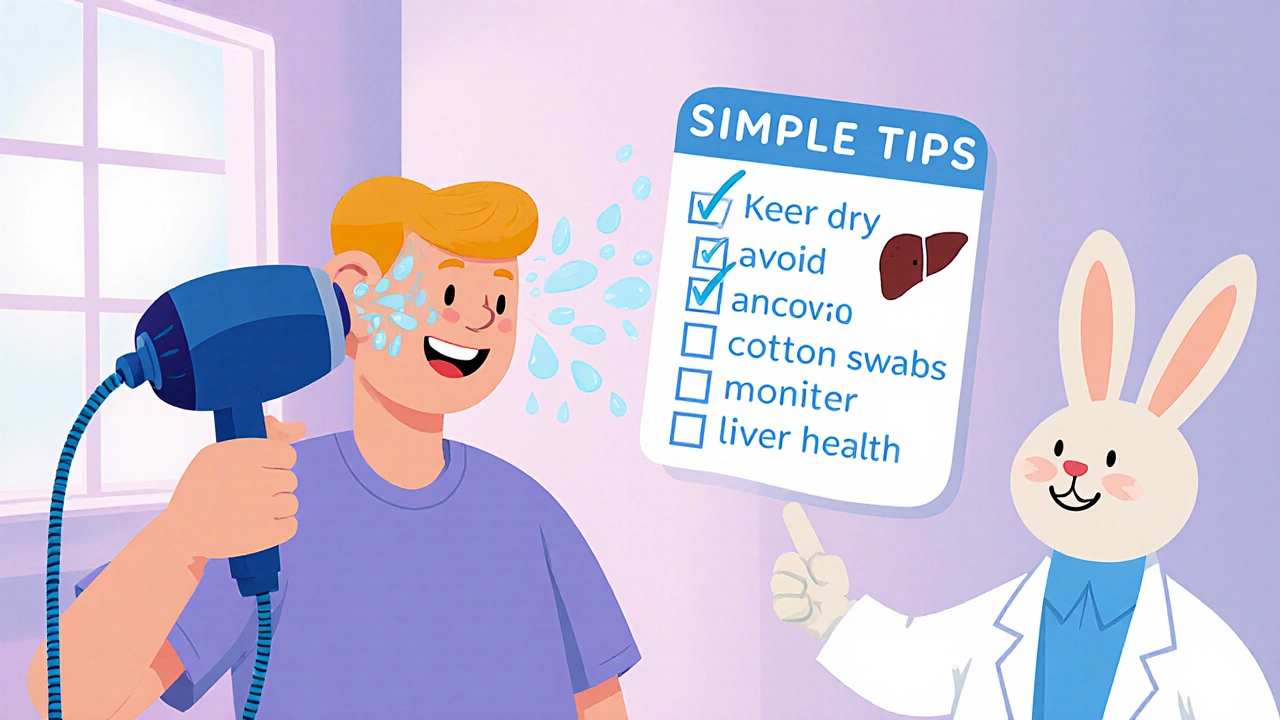 Patient drying ear with a hair dryer while a rabbit pharmacist points to floating health tip icons.