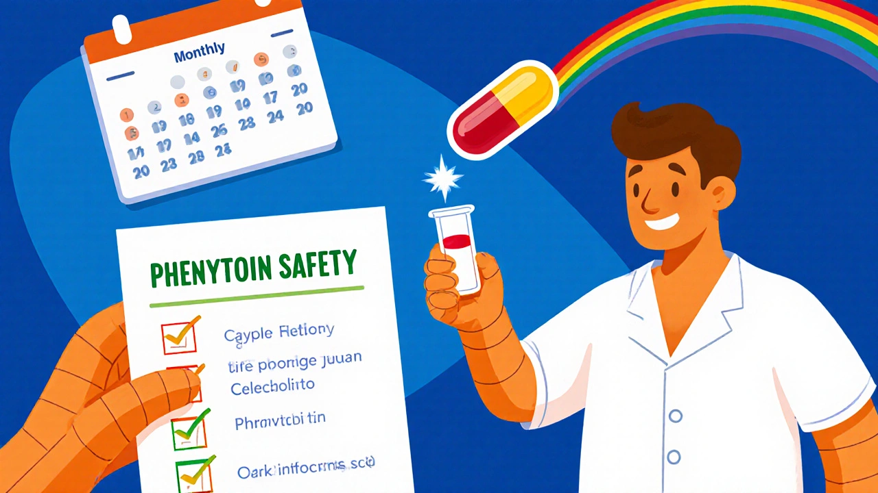 Patient holds checklist while pharmacist offers blood vial, phenytoin capsule flies.