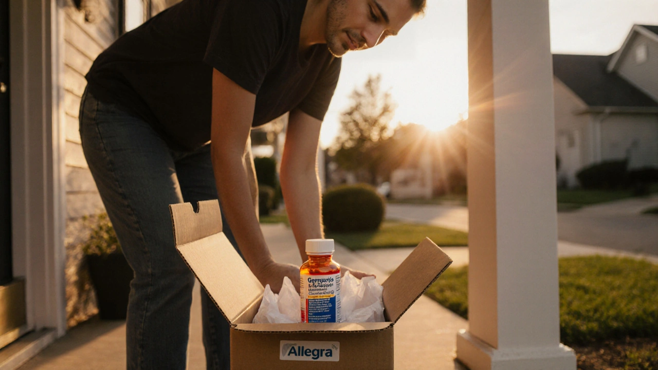 Person receiving a plain pharmacy package on a porch at sunset, revealing a generic Allegra bottle inside.