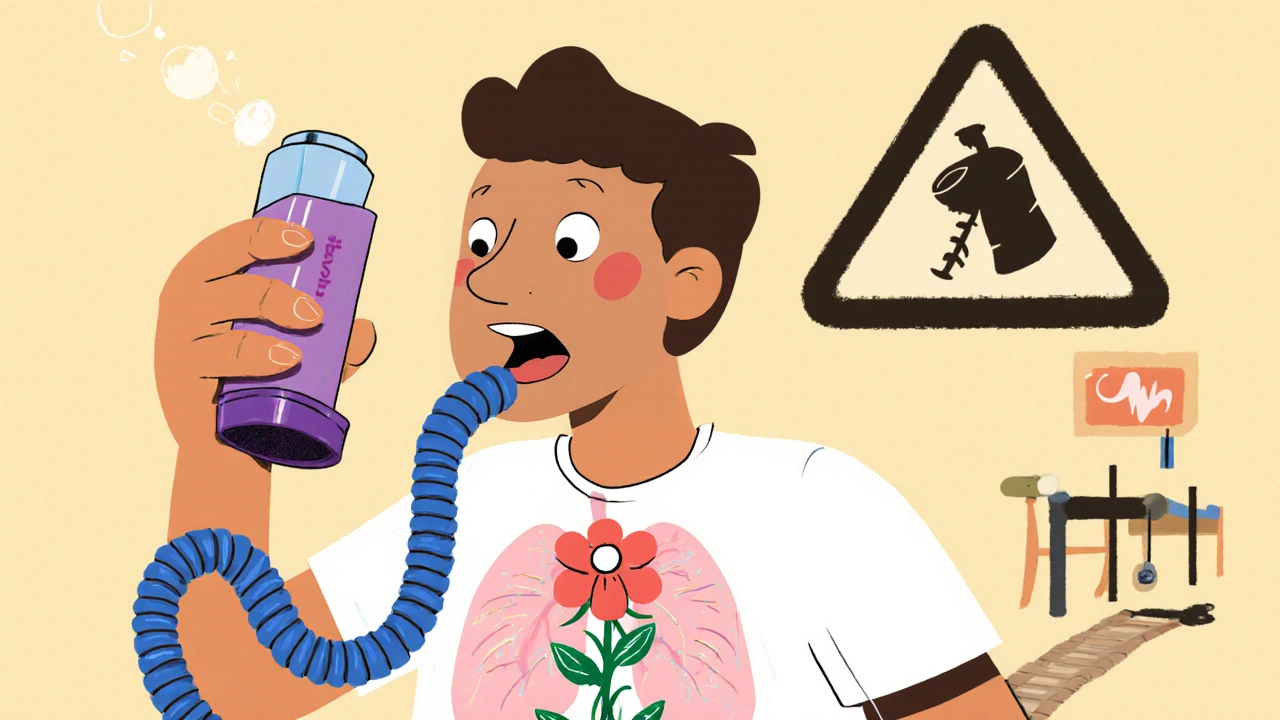 Person struggling to breathe as a rescue inhaler and preventer inhaler appear as contrasting symbols