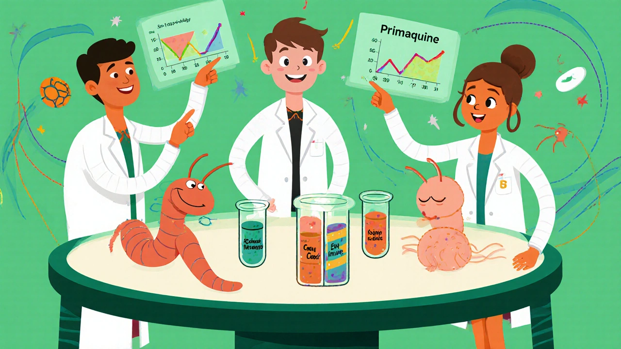 Playful scientists discuss Primaquine with cartoon parasites on a table, showing trial results.