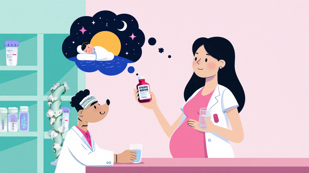 Pregnant woman choosing Doxylamine with a pharmacist, surrounded by calming icons.