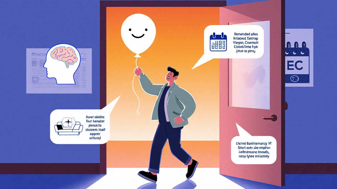 Recovered patient leaving hospital with a smiling brain balloon, treatment icons, and maintenance plan symbols.
