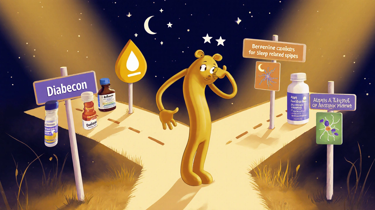 Rubber‑hose style figure at a crossroads choosing between glucose, sleep, and nerve‑health supplement paths.