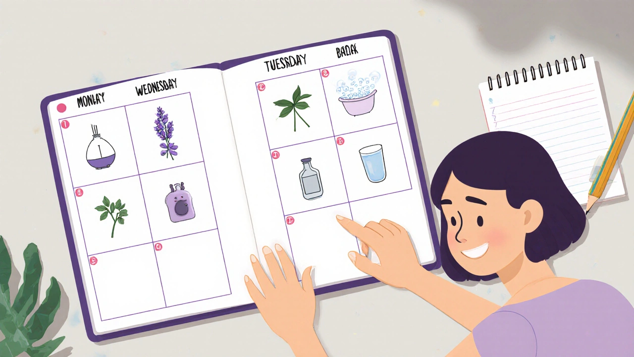 Rubber‑hose style weekly planner showing aromatherapy icons for each day.