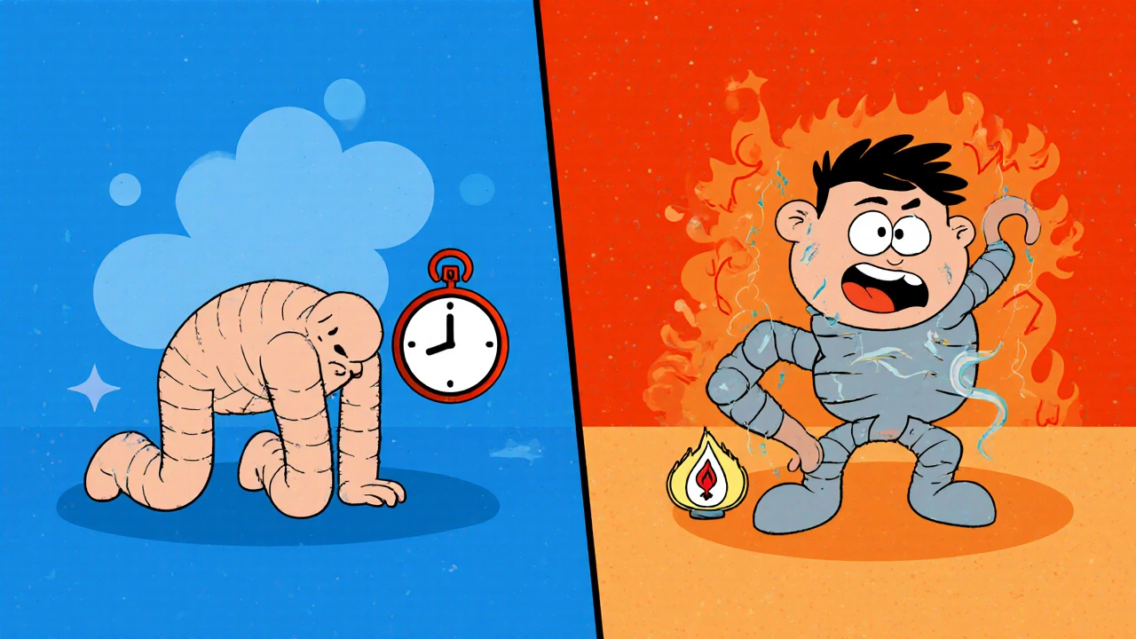 Side‑by‑side cartoon shows overdose with pale lips and withdrawal with sweating and rapid heartbeat.