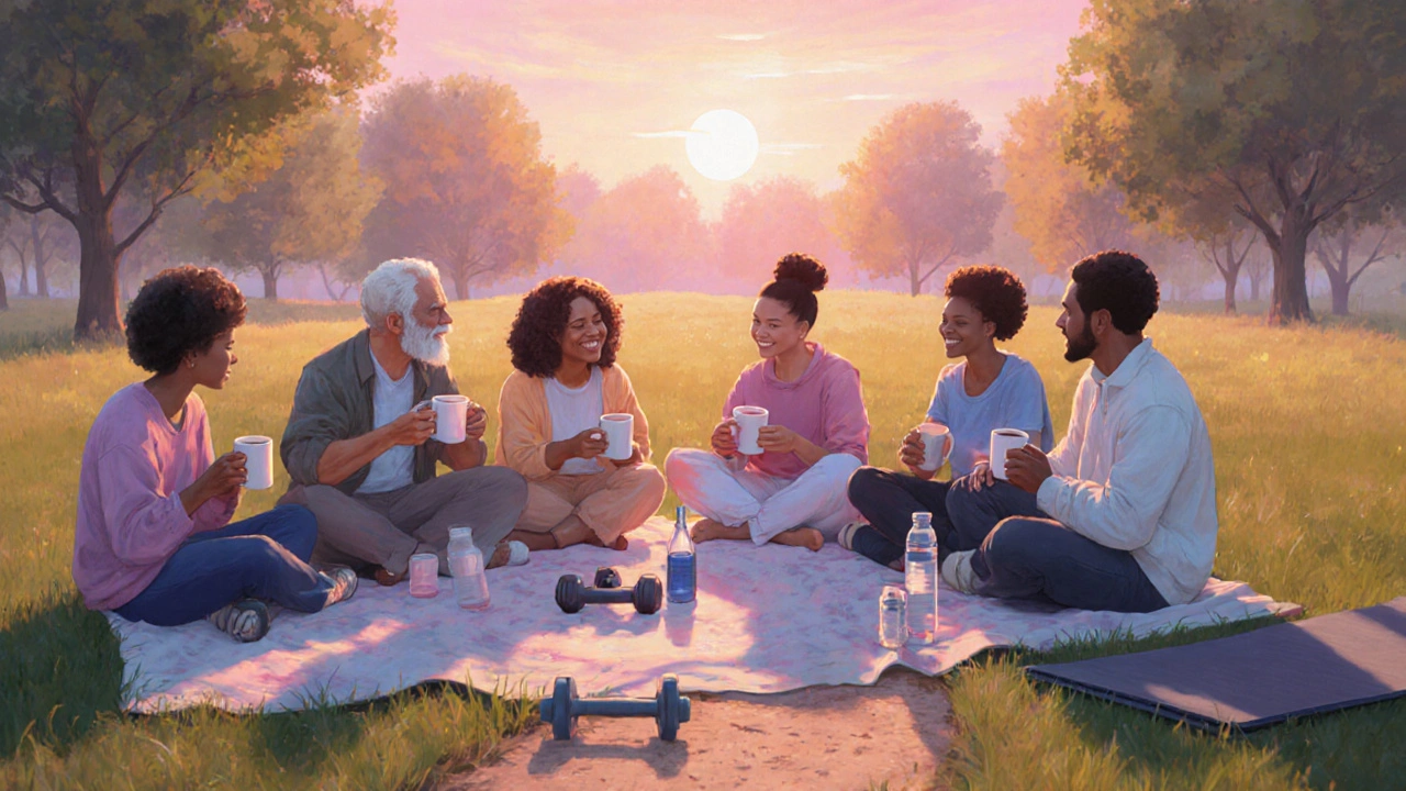 Survivors gathering in a sunrise park, discussing recovery and gentle exercise.