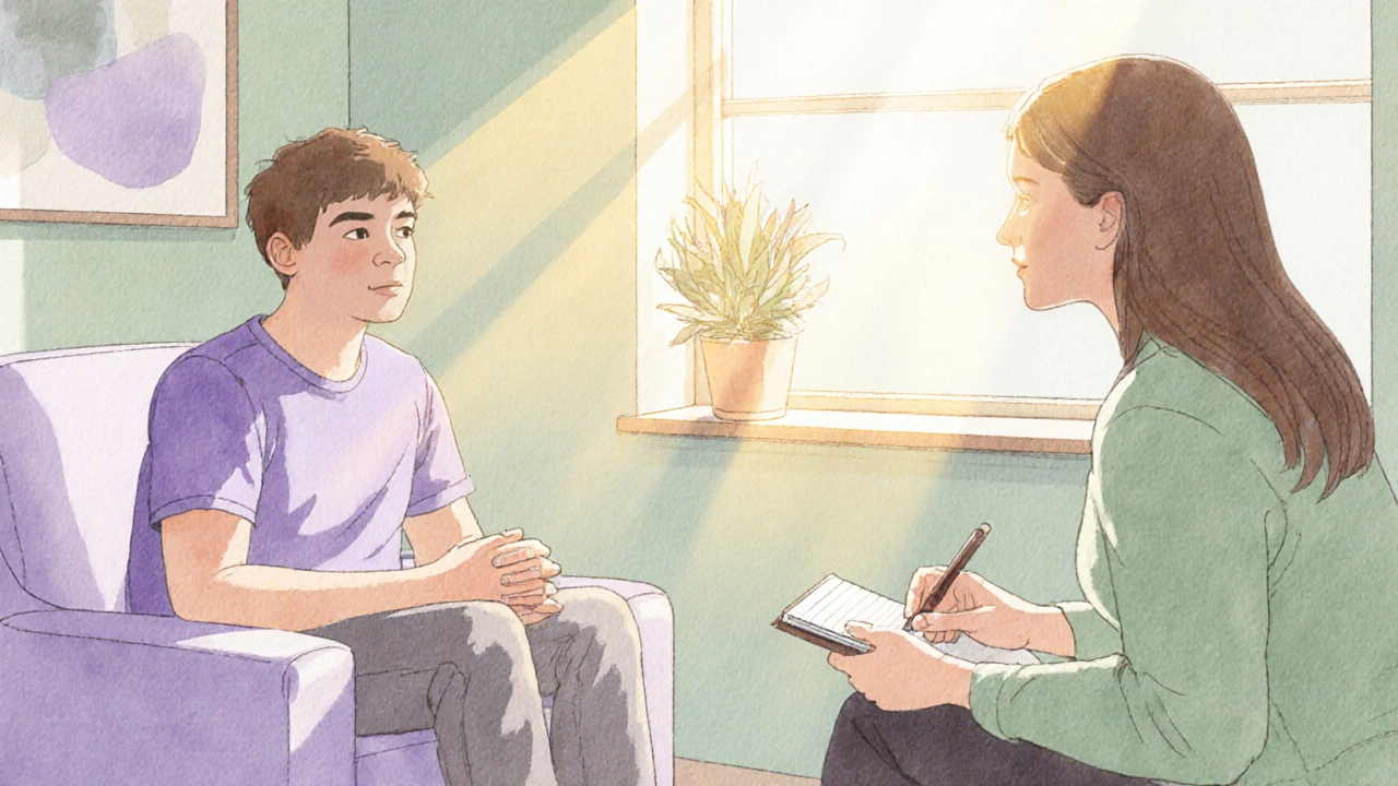 Therapist and patient in a bright office sharing a counseling session after hospital discharge.