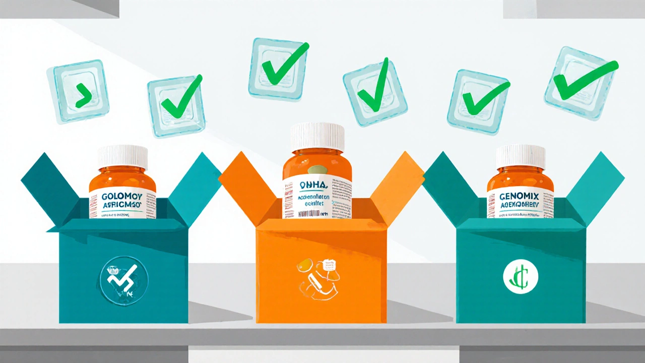 Three delivery boxes on a kitchen counter, each showing different pharmacy branding and tablet bottles.