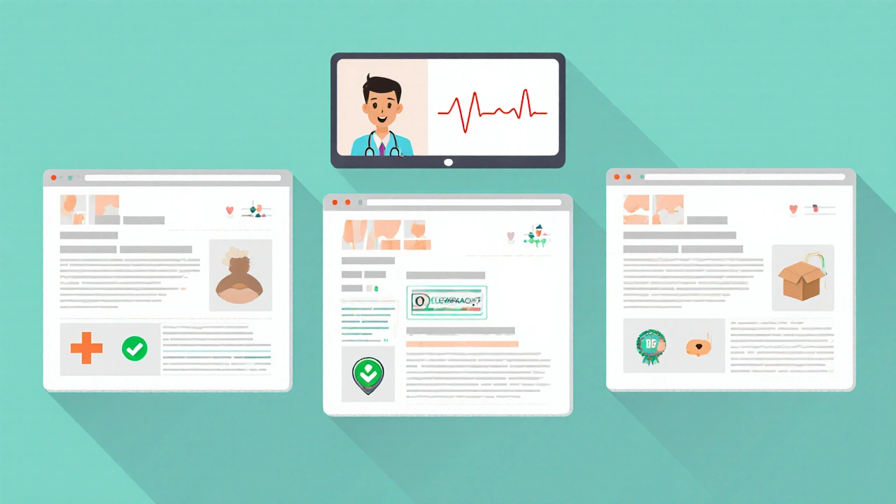 Three stylized pharmacy web pages with checkmarks and a telemedicine video call overlay.