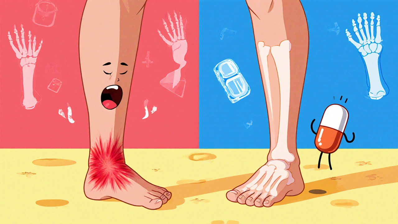 Two injured legs: one worsening with acetaminophen, one healing with ibuprofen, ice, and elevation in a playful medical scene.