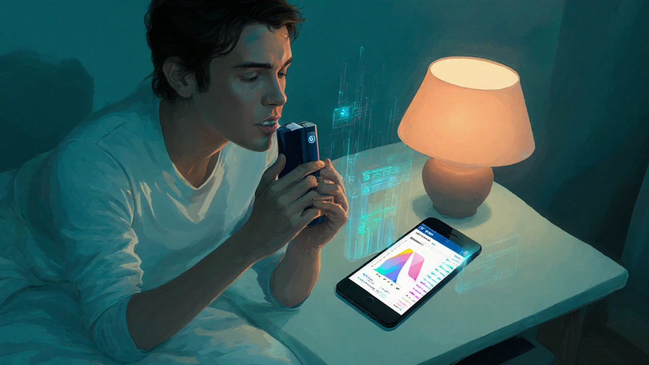User with smart inhaler and phone showing peak‑flow chart and symptom diary at home.