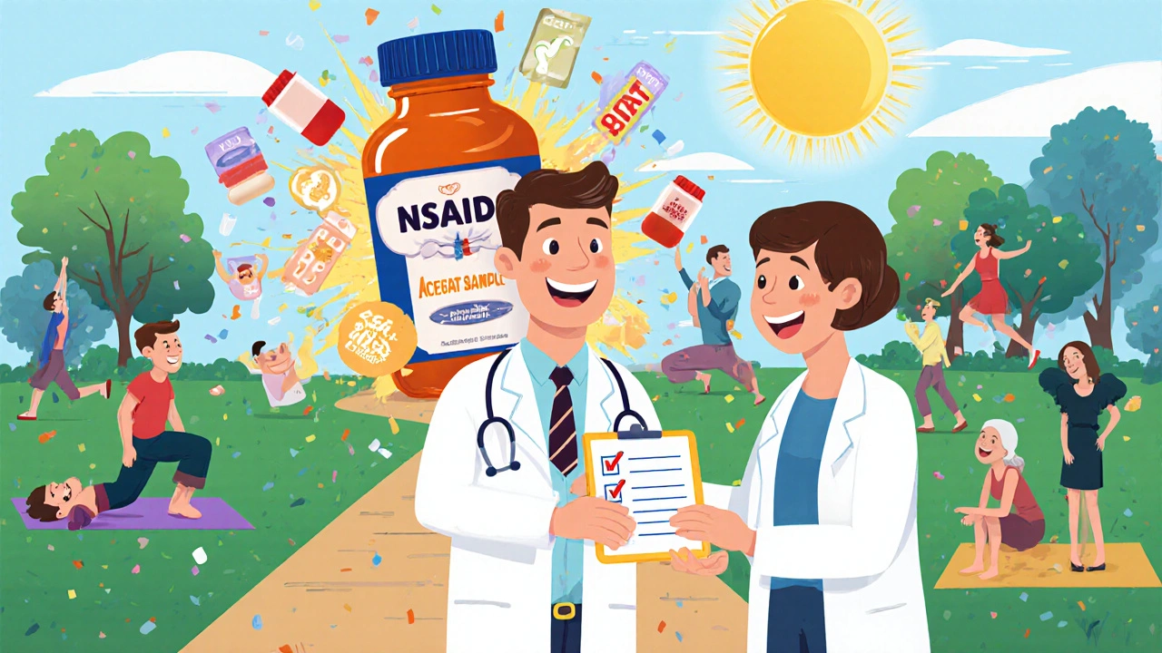 A doctor handing a safety checklist as NSAID pills explode into healthy alternatives, in vibrant rubber hose style.