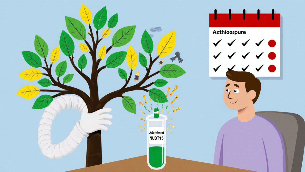 A doctor showing how TPMT and NUDT15 gene variants affect azathioprine safety using a glowing tree diagram.