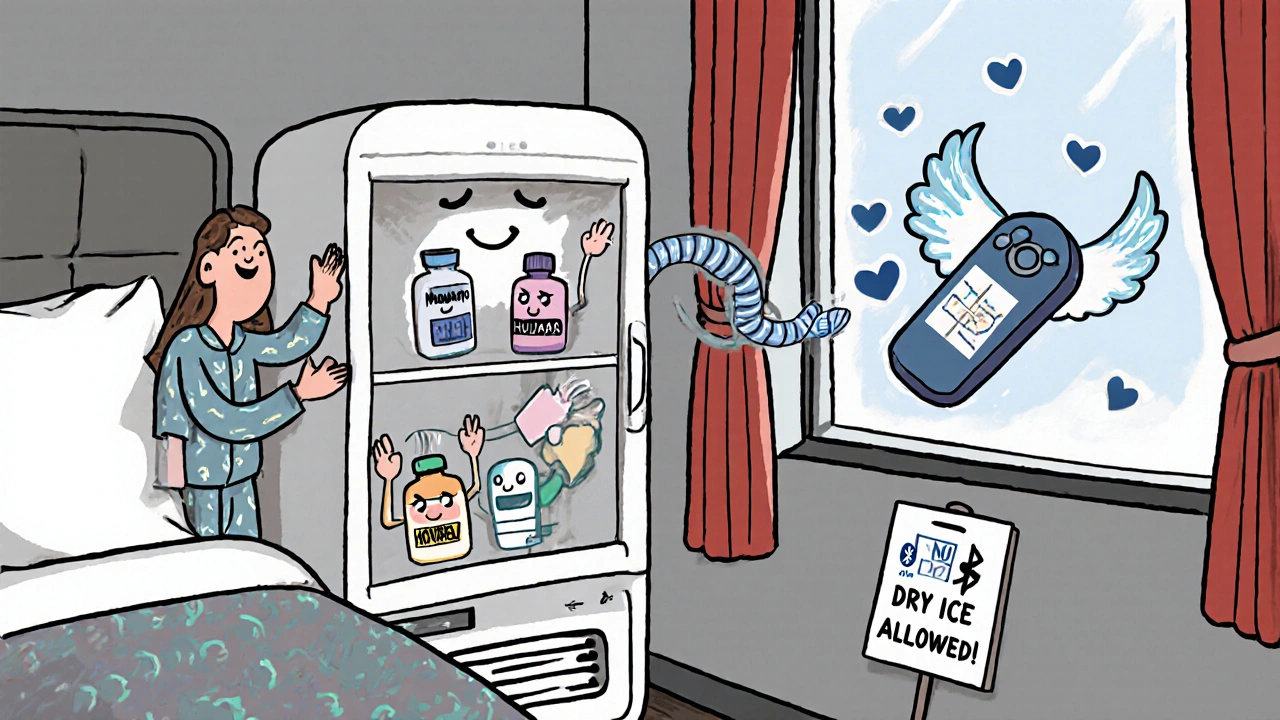 A friendly mini-fridge in a hotel room welcomes refrigerated medications while a Bluetooth monitor flies by.