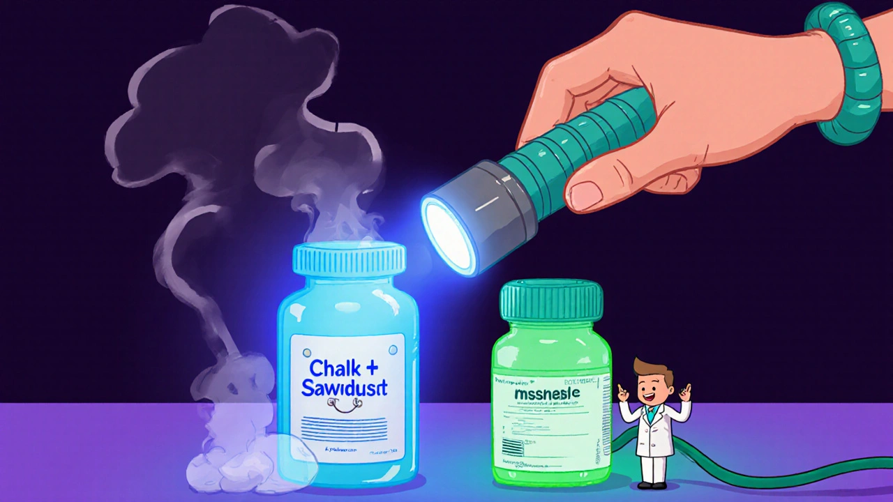 A hand using a UV flashlight to reveal a fake pill bottle glowing blue while a real one glows green, with cartoon smoke rising from the fake.