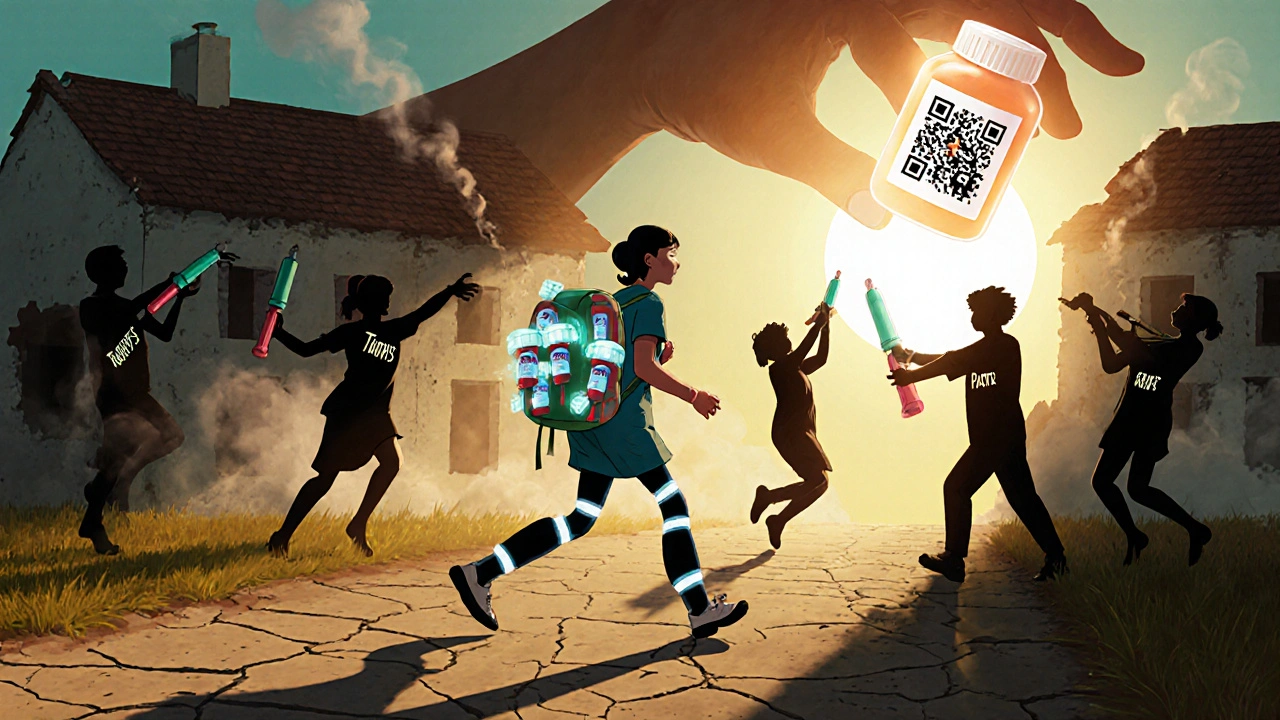 A health worker walks across a rural path with medicine vials, her shadow lifting a hospital roof.