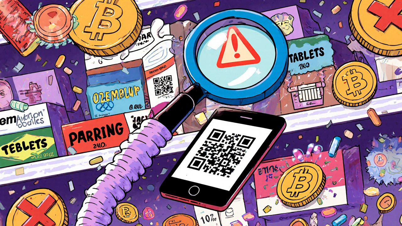 A magnifying glass superhero zooming in on fake medicine boxes with spelling errors, while digital verification icons pop around it.