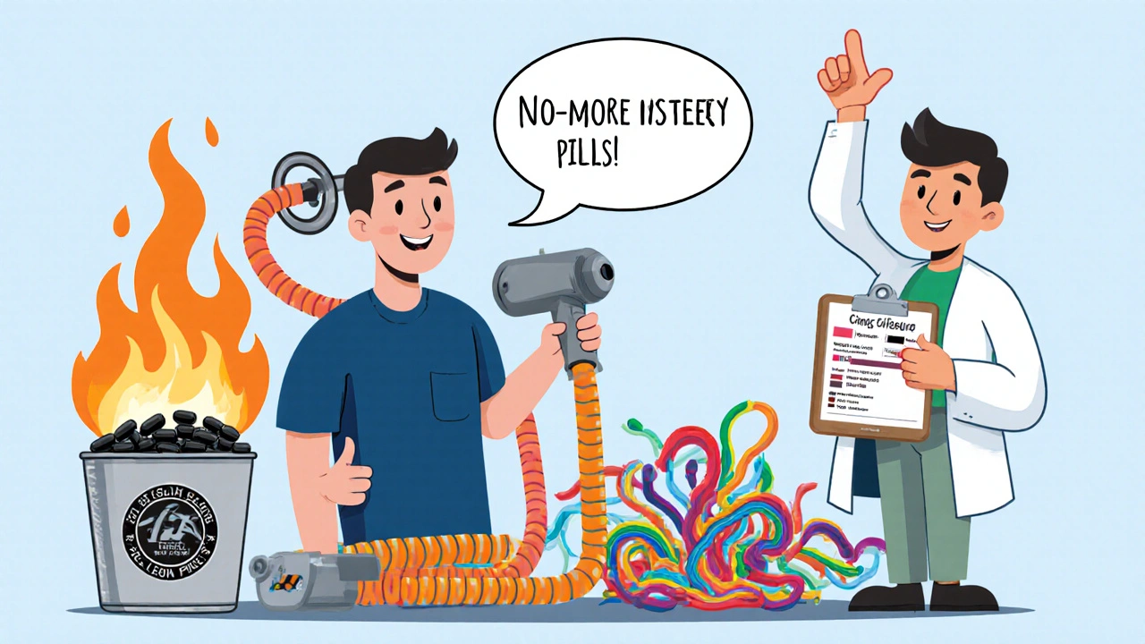 A man using a penis pump with a doctor approvingly holding blood test results and seized fake pills.