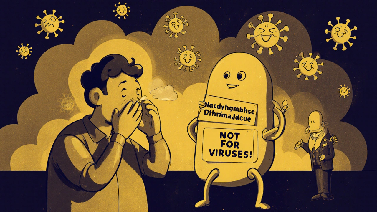 A patient sneezes as cold viruses float away, blocked by a determined roxithromycin pill with arms, while a strep bacterium bows.