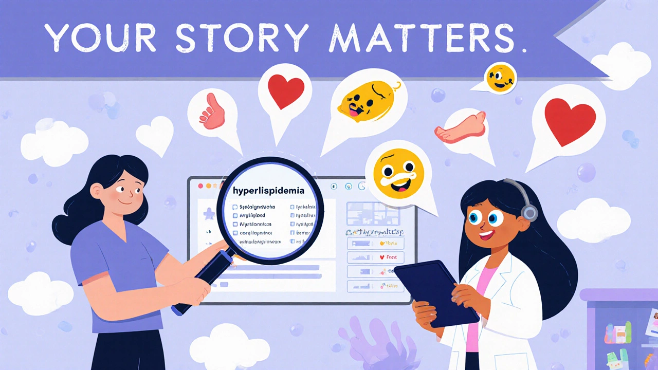 A patient uses a magnifying glass on a patient portal where medical terms pop up as simple phrases and emojis, with a helpful AI assistant nearby.